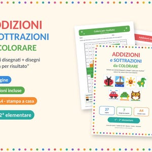 以下が含まれることがあります： ADDIZIONI e SOTTRAZIONI da COLORAREと題された印刷可能な教育用ワークシートセット。算数の練習問題が含まれています。ページには、てんとう虫、ボート、太陽、恐竜、車、カメ、フクロウのピクセルアート風のイラストが描かれています。