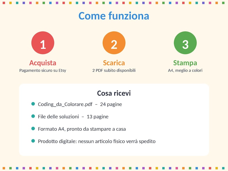 May include: An instructional graphic titled Come funziona with three numbered steps: 1 Acquista, 2 Scarica, 3 Stampa. Below, a section titled Cosa ricevi lists details about a 24-page PDF, a 13-page solution file, A4 format, and digital delivery.