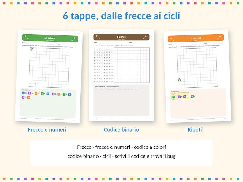 May include: Three educational worksheets titled 6 tappe, dalle frecce ai cicli, featuring grid-based coding exercises. The pages include La spirale, Il cuore, and Il pettine, with instructions, number sequences, and colored arrow icons for logic tasks.