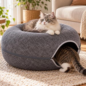 Puede incluir: Una cama circular de fieltro gris oscuro con forma de rosquilla y una abertura con cremallera. Un gato de pelo largo con pelaje blanco y gris descansa en la parte superior, mientras que un gato atigrado marrón con patas blancas está dentro.