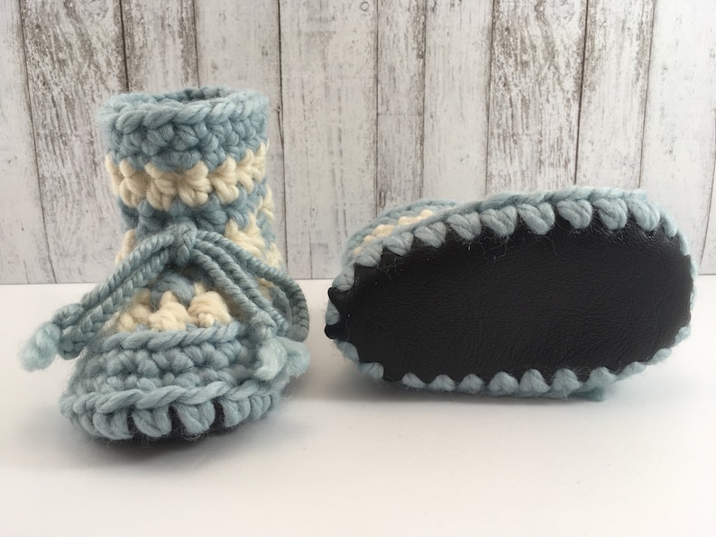 Blue with Cream Stripes BABY Toddler Child SHEEPSKIN Crochet Booties Slippers with Repurposed Leather and Sheepskin Shearling Sole