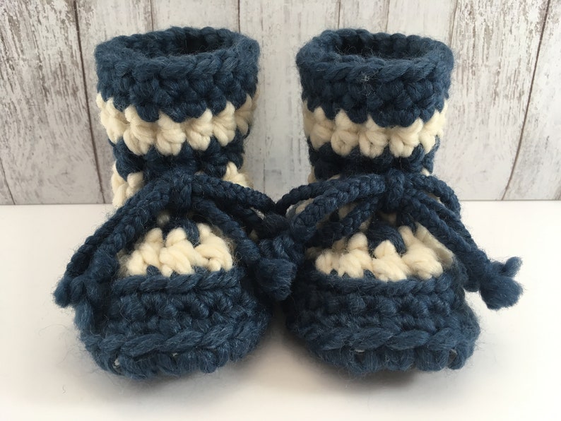 Blue with Cream Stripes BABY Toddler Child SHEEPSKIN Crochet Booties Slippers with Repurposed Leather and Sheepskin Shearling Sole