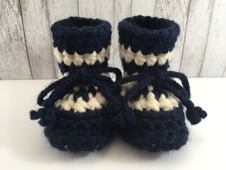 Blue with Cream Stripes BABY Toddler Child SHEEPSKIN Crochet Booties Slippers with Repurposed Leather and Sheepskin Shearling Sole