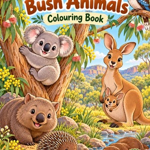 May include: A colouring book titled Australian Bush Animals featuring illustrations of a koala, kangaroo with joey, wombat, echidna, platypus, and kookaburra in a natural landscape with eucalyptus trees and yellow wattle flowers. The cover text states 10 Colouring Pages.