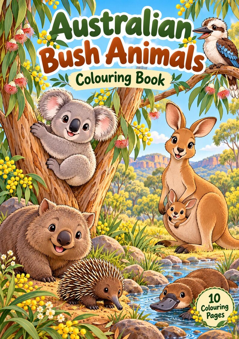May include: A colouring book titled Australian Bush Animals featuring illustrations of a koala, kangaroo with joey, wombat, echidna, platypus, and kookaburra in a natural landscape with eucalyptus trees and yellow wattle flowers. The cover text states 10 Colouring Pages.