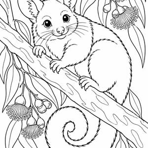 May include: A black and white line art illustration of a possum perched on a tree branch. The possum has large eyes and a curled tail. Surrounding the animal are eucalyptus leaves and several flowering gum blossoms with long, thin stamens.