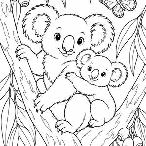 May include: A black and white line art colouring page illustration featuring an adult koala and a baby koala sitting together on a eucalyptus tree branch. A butterfly is flying in the upper right corner, and eucalyptus leaves and seed pods surround them.