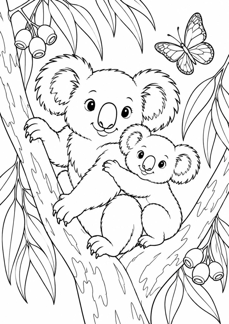 May include: A black and white line art colouring page illustration featuring an adult koala and a baby koala sitting together on a eucalyptus tree branch. A butterfly is flying in the upper right corner, and eucalyptus leaves and seed pods surround them.