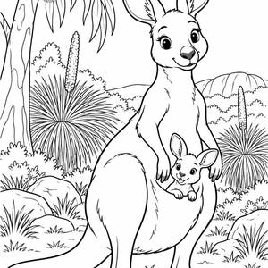 May include: A black and white line art colouring page illustration featuring an adult kangaroo standing upright with a small joey peeking out from its pouch. The scene includes native Australian flora, including eucalyptus trees and grass trees.
