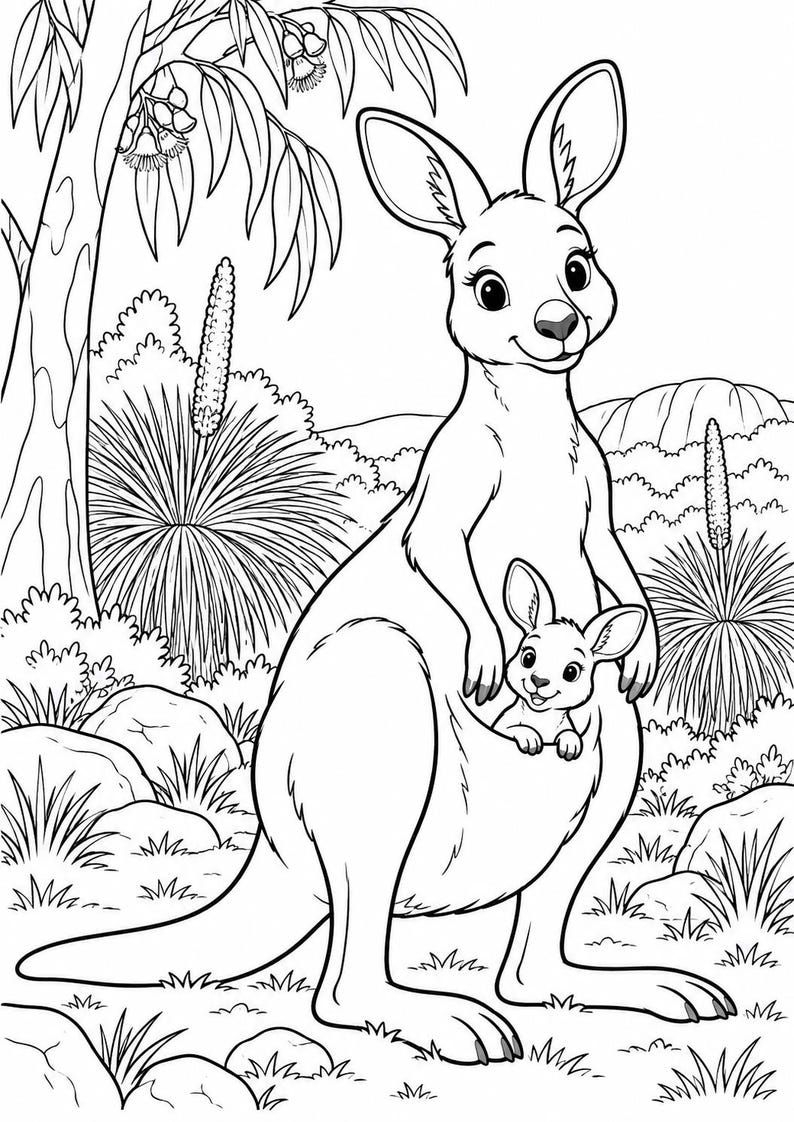 May include: A black and white line art colouring page illustration featuring an adult kangaroo standing upright with a small joey peeking out from its pouch. The scene includes native Australian flora, including eucalyptus trees and grass trees.