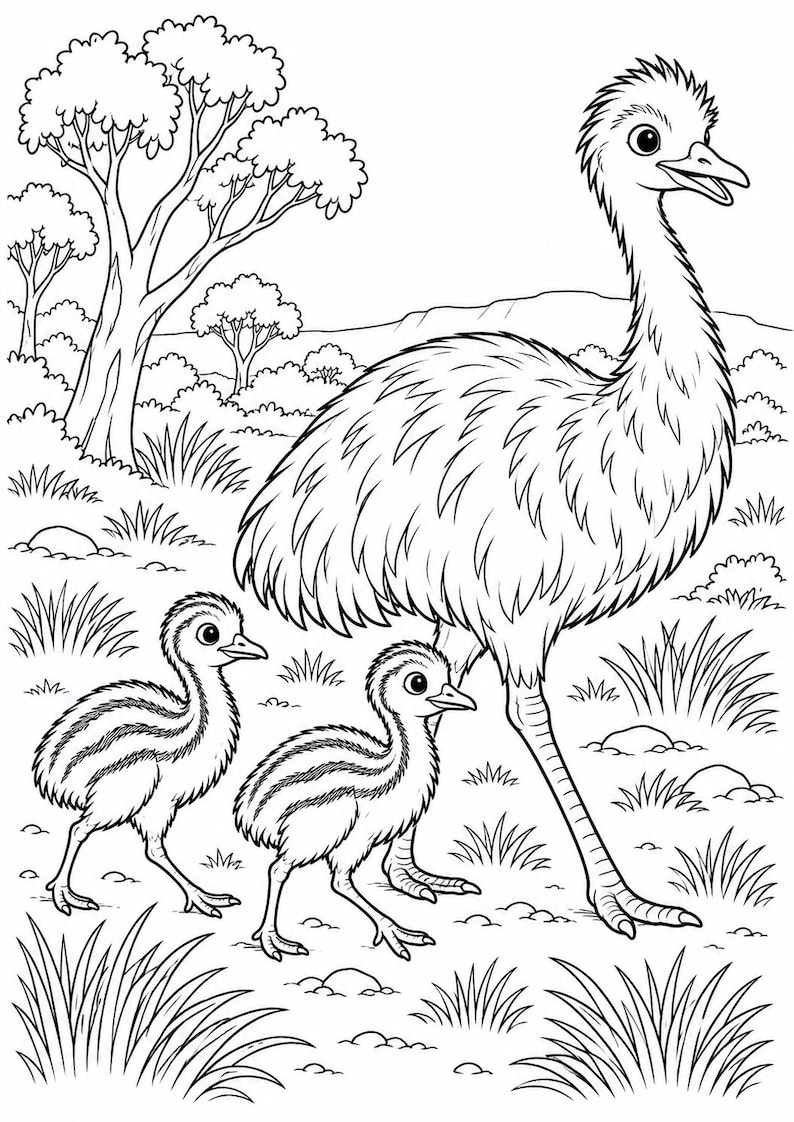 May include: A black and white line art colouring page illustration featuring an adult emu standing next to two small emu chicks. The birds are positioned in a grassy landscape with trees and bushes in the background, rendered in a clear, bold outline style.