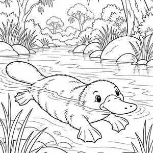 May include: A black and white line art illustration of a platypus swimming in a river. The platypus has a flat tail and webbed feet, moving through the water. The background features a riverbank with rocks, tall grasses, and several trees.