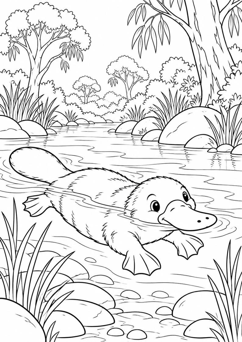 May include: A black and white line art illustration of a platypus swimming in a river. The platypus has a flat tail and webbed feet, moving through the water. The background features a riverbank with rocks, tall grasses, and several trees.