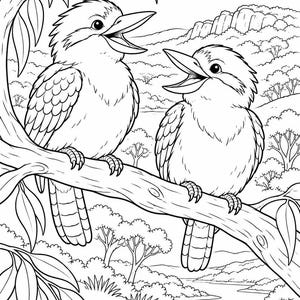 May include: A black and white line art colouring page illustration featuring two kookaburras perched on a thick tree branch. The birds have open beaks and are surrounded by a landscape of eucalyptus leaves, rolling hills, and scattered trees.