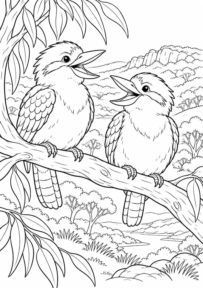 May include: A black and white line art colouring page illustration featuring two kookaburras perched on a thick tree branch. The birds have open beaks and are surrounded by a landscape of eucalyptus leaves, rolling hills, and scattered trees.