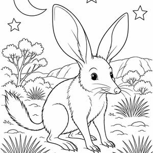 May include: A black and white line art colouring page featuring a bilby with large ears sitting in a desert landscape. The scene includes a crescent moon and four stars in the sky, with sparse bushes, tufts of grass, and rolling hills in the background.