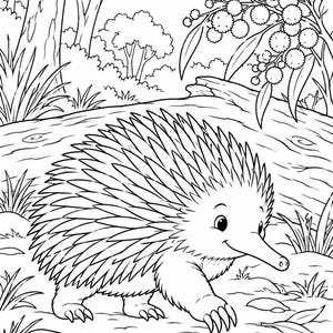May include: A black and white line art colouring page featuring an echidna walking on a forest floor. The scene includes a detailed spiny echidna, scattered leaves, rocks, and a background of trees and flowering wattle branches in the upper right.