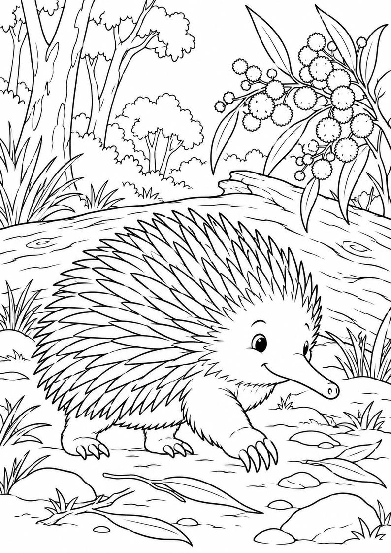 May include: A black and white line art colouring page featuring an echidna walking on a forest floor. The scene includes a detailed spiny echidna, scattered leaves, rocks, and a background of trees and flowering wattle branches in the upper right.