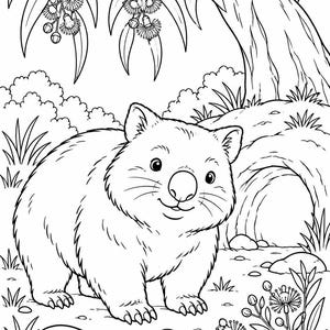 May include: A black and white line art colouring page featuring a cartoon wombat standing in front of its burrow. The scene includes a large eucalyptus tree with hanging blossoms, small bushes, rocks, and native flowers in the foreground.