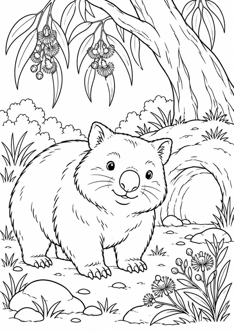 May include: A black and white line art colouring page featuring a cartoon wombat standing in front of its burrow. The scene includes a large eucalyptus tree with hanging blossoms, small bushes, rocks, and native flowers in the foreground.
