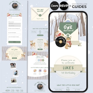 Può includere: Un modello di invito digitale per un primo compleanno con animali del bosco come una volpe e un cervo. Il design include una busta, un modulo RSVP, idee regalo e un timer per il conto alla rovescia. Testo: Winter ONE derland, Luke's 1st Birthday, Save the Little-Big Day.
