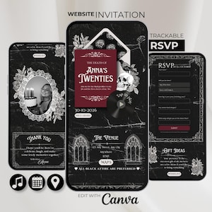 Könnte beinhalten: Drei Smartphone-Bildschirme zeigen eine digitale Einladungsvorlage mit dunklem Marmorhintergrund, floralen Akzenten und gotischen Elementen. Der Text enthält "The Death of Anna's Twenties", "RSVP" und "Website Invitation" mit interaktiven Symbolen.