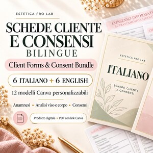 Puede incluir: Un conjunto de formularios de cliente y documentos de consentimiento bilingües con el texto Estetica Pro Lab, Italiano y English. El paquete incluye 12 plantillas de Canva personalizables para anamnesis, análisis facial y corporal y consentimientos.