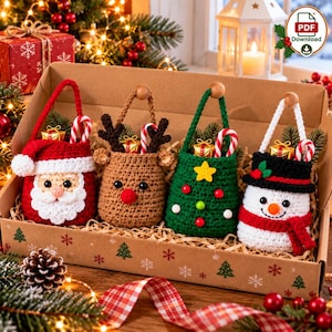 Può includere: Un set di quattro sacchetti natalizi all'uncinetto in una scatola di cartone. I sacchetti presentano disegni di Babbo Natale, una renna con corna, un albero di Natale verde con decorazioni e un pupazzo di neve con cappello e sciarpa.