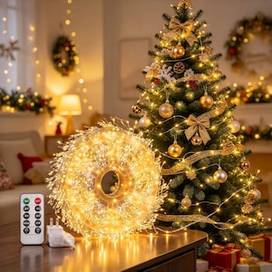 May include: A spool of warm white LED fairy lights with a remote control and a power adapter. The lights are coiled on a circular plastic reel, emitting a bright glow. The remote features multiple buttons for light settings.