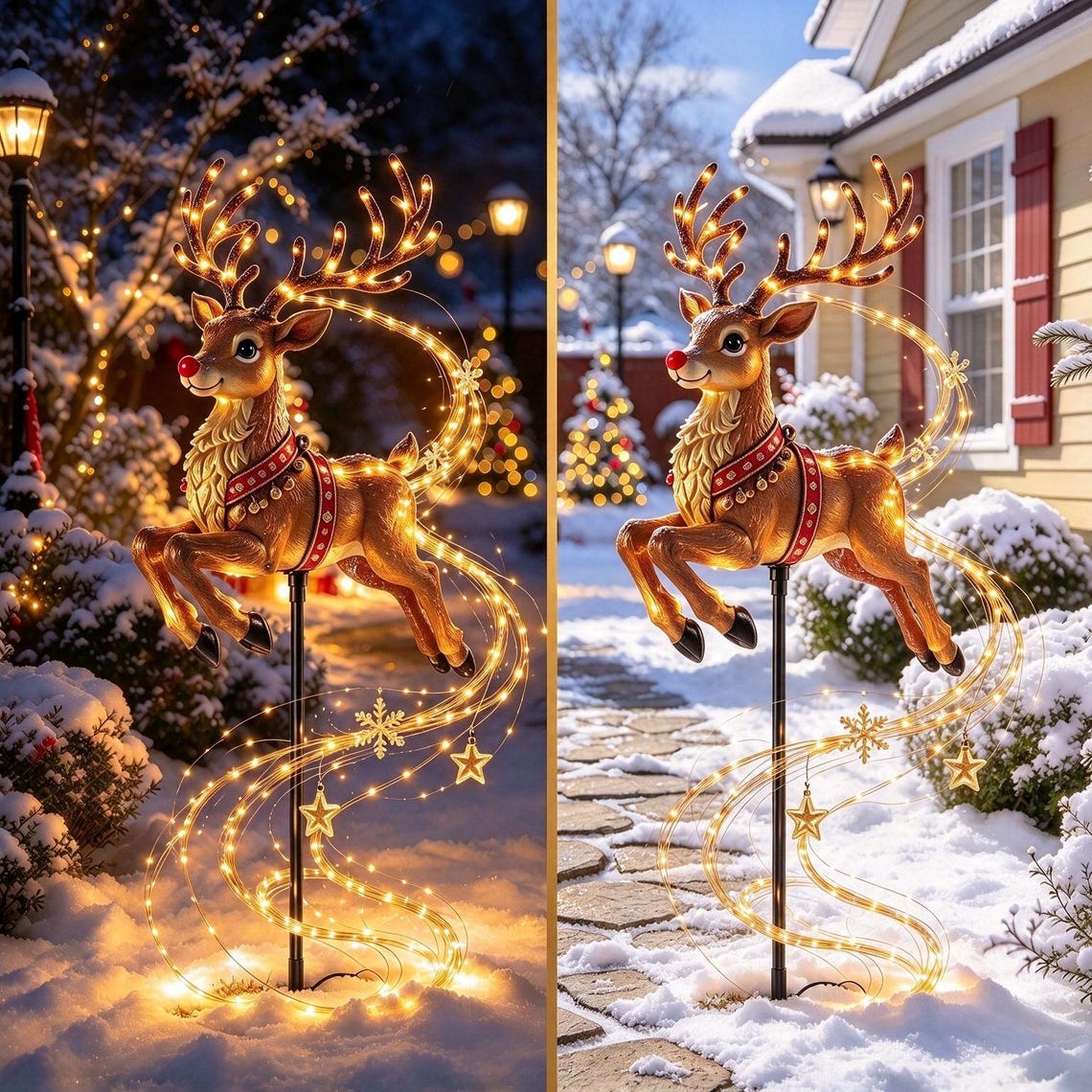 May include: A light-up reindeer garden stake featuring a brown deer with a red harness, gold antlers, and a red nose. The figure is surrounded by glowing fiber optic strands adorned with small gold stars and snowflakes, mounted on a black pole.