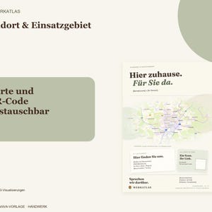 K&ouml;nnte beinhalten: Eine digitale Canva-Vorlage f&uuml;r einen Gesch&auml;ftsflyer mit dem Titel WERK ATLAS. Das Layout enth&auml;lt den Text Standort & Einsatzgebiet, Karte und QR-Code austauschbar sowie Hier zuhause. F&uuml;r Sie da. Es umfasst eine Kartengrafik, Platzhalter f&uuml;r Kontaktdaten und ein QR-Code-Feld auf einem hellcremefarbenen Hintergrund mit salbeigr&uuml;nen Akzenten.
