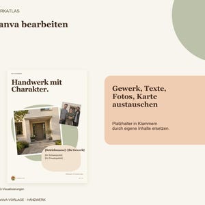 K&ouml;nnte beinhalten: Eine digitale Canva-Vorlage f&uuml;r einen Gesch&auml;ftsflyer mit dem Text In Canva bearbeiten, Handwerk mit Charakter und Gewerk, Texte, Fotos, Karte austauschen. Das Layout enth&auml;lt ein Foto eines Hauseingangs und Platzhalter f&uuml;r Firmendaten.