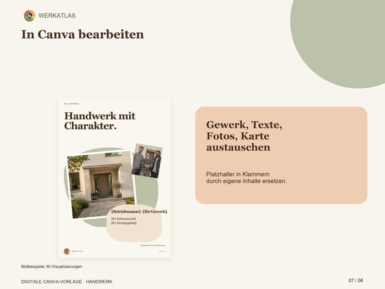 K&ouml;nnte beinhalten: Eine digitale Canva-Vorlage f&uuml;r einen Gesch&auml;ftsflyer mit dem Text In Canva bearbeiten, Handwerk mit Charakter und Gewerk, Texte, Fotos, Karte austauschen. Das Layout enth&auml;lt ein Foto eines Hauseingangs und Platzhalter f&uuml;r Firmendaten.