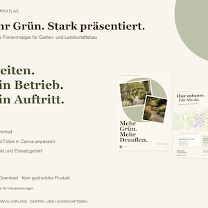 Op de afbeelding: Een digitaal sjabloon voor een vierpagina bedrijfsbrochure voor hoveniersbedrijven. Het ontwerp bevat de tekst Mehr Gr&uuml;n. Stark pr&auml;sentiert. en omvat tijdelijke aanduidingen voor tuinfoto's, contactgegevens en werkgebieden.