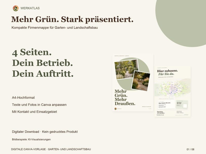 Op de afbeelding: Een digitaal sjabloon voor een vierpagina bedrijfsbrochure voor hoveniersbedrijven. Het ontwerp bevat de tekst Mehr Gr&uuml;n. Stark pr&auml;sentiert. en omvat tijdelijke aanduidingen voor tuinfoto's, contactgegevens en werkgebieden.