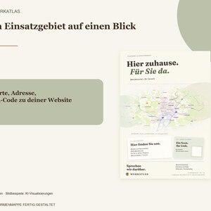 Op de afbeelding: Een presentatiedia met de titel Dein Einsatzgebiet auf einen Blick, voorzien van een kaartafbeelding, de tekst Hier zuhause. F&uuml;r Sie da. en een tijdelijke aanduiding voor een QR-code. De lay-out bevat secties voor adresgegevens en links.