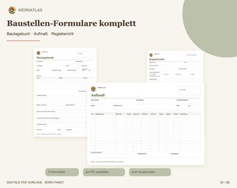 Construction Site Forms Package: Construction Log, Measurement Record, Site Report | Fillable PDF + A4 Print Version | Templates for Tradespeople
