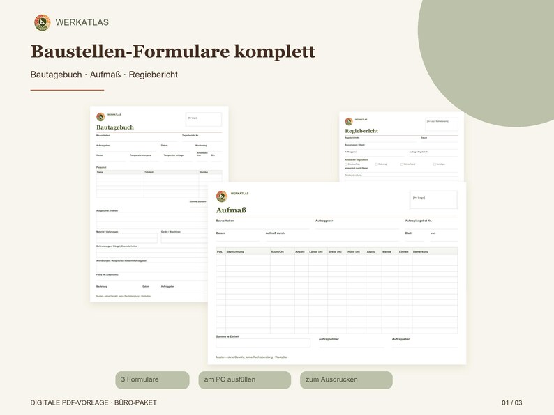 Ensemble de formulaires de chantier : Journal de chantier, Registre des mesures, Rapport de chantier | PDF remplissable + Version imprimable A4 | Modèles pour les professionnels du bâtiment image 1