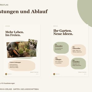 K&ouml;nnte beinhalten: Eine digitale Vorlage f&uuml;r Garten- und Landschaftsbau mit dem Titel Leistungen und Ablauf. Das Layout enth&auml;lt deutschen Text, darunter &Uuml;berschriften wie Mehr Leben. Im Freien. und Ihr Garten. Neue Ideen., sowie Bilder von Gartenarbeiten.