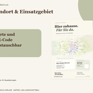 K&ouml;nnte beinhalten: Eine digitale Canva-Vorlage f&uuml;r Garten- und Landschaftsbau mit dem Text 'Standort & Einsatzgebiet', 'Hier zuhause. F&uuml;r Sie da.' und 'Karte und QR-Code austauschbar'. Das Layout enth&auml;lt eine Kartengrafik, Platzhalter f&uuml;r Kontaktdaten und ein QR-Code-Feld auf hellbeigem Hintergrund mit salbeigr&uuml;nen Akzenten.