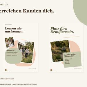 K&ouml;nnte beinhalten: Eine digitale Canva-Vorlage f&uuml;r den Garten- und Landschaftsbau mit zwei Seiten, die den Text So erreichen Kunden dich, Lernen wir uns kennen und Platz f&uuml;rs Drau&szlig;ensein enthalten. Das Layout bietet Platz f&uuml;r Fotos und Text.