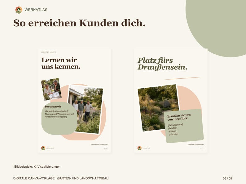 K&ouml;nnte beinhalten: Eine digitale Canva-Vorlage f&uuml;r den Garten- und Landschaftsbau mit zwei Seiten, die den Text So erreichen Kunden dich, Lernen wir uns kennen und Platz f&uuml;rs Drau&szlig;ensein enthalten. Das Layout bietet Platz f&uuml;r Fotos und Text.