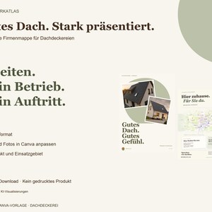 May include: A digital A4 company folder template for roofing businesses featuring the text Gutes Dach. Stark pr&auml;sentiert. 4 Seiten. Dein Betrieb. Dein Auftritt. Includes layout previews with house imagery and map graphics for customization.
