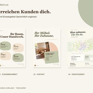 May include: A digital Canva template for a carpentry business featuring three pages with the text So erreichen Kunden dich, Ihr Raum. Unser Handwerk, Ihr M&ouml;bel. Ihr Zuhause, and Hier zuhause. F&uuml;r Sie da, displayed in a clean, professional layout.
