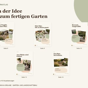 K&ouml;nnte beinhalten: Eine digitale Canva-Vorlage f&uuml;r den Gartenbau mit dem Titel Von der Idee bis zum fertigen Garten. Sie zeigt f&uuml;nf Projektseiten mit Gartenfotos, Text&uuml;berschriften sowie gr&uuml;nen und beigen Formen auf wei&szlig;em Hintergrund.