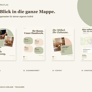 May include: A digital template set for a woodworking business featuring four pages with the text Ein Blick in die ganze Mappe, Gutes Holz. Gro&szlig;e Wirkung, Ihr Raum. Unser Handwerk, Ihr M&ouml;bel. Ihr Zuhause, and Hier zuhause. F&uuml;r Sie da, displayed in a clean layout.