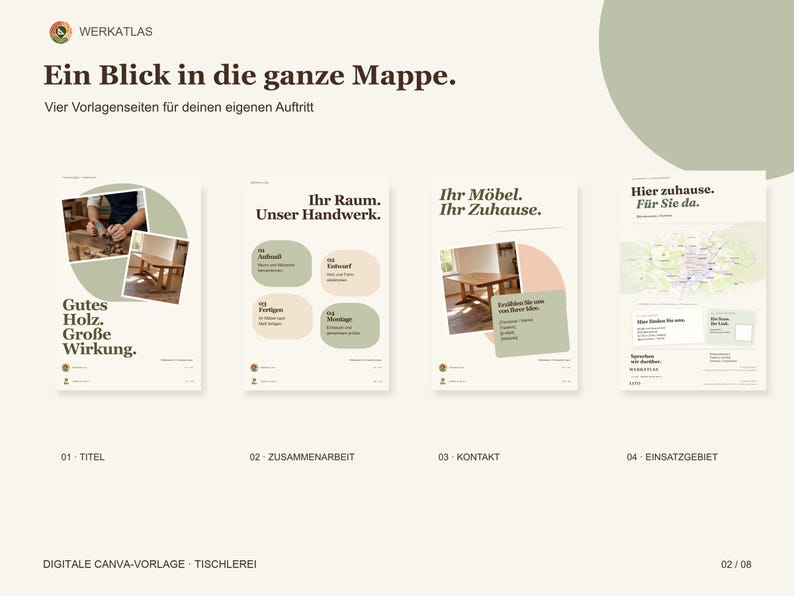 May include: A digital template set for a woodworking business featuring four pages with the text Ein Blick in die ganze Mappe, Gutes Holz. Gro&szlig;e Wirkung, Ihr Raum. Unser Handwerk, Ihr M&ouml;bel. Ihr Zuhause, and Hier zuhause. F&uuml;r Sie da, displayed in a clean layout.