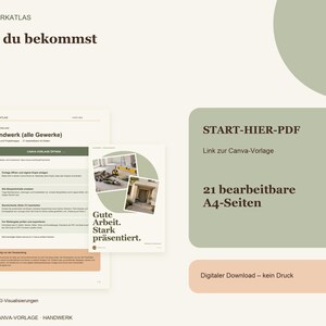 K&ouml;nnte beinhalten: Eine digitale Dokumentenvorlage mit dem Titel Was du bekommst, die einen START-HIER-PDF-Bereich, 21 bearbeitbare A4-Seiten und einen Link zur Canva-Vorlage enth&auml;lt. Das Layout umfasst Text, ein kleines Bild von Bauarbeiten sowie eine Farbpalette in Gr&uuml;n und Pfirsich.