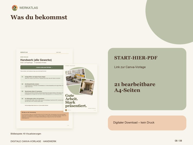K&ouml;nnte beinhalten: Eine digitale Dokumentenvorlage mit dem Titel Was du bekommst, die einen START-HIER-PDF-Bereich, 21 bearbeitbare A4-Seiten und einen Link zur Canva-Vorlage enth&auml;lt. Das Layout umfasst Text, ein kleines Bild von Bauarbeiten sowie eine Farbpalette in Gr&uuml;n und Pfirsich.