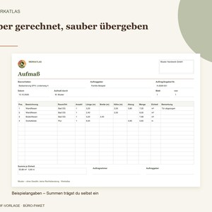 Puede incluir: Una plantilla PDF digital titulada Aufma&szlig; de Werkatlas, que presenta una tabla estructurada para medidas de construcci&oacute;n. El documento incluye campos para detalles del proyecto, fechas y filas detalladas para azulejos con unidades m&eacute;tricas.
